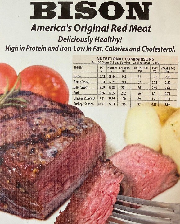 Nutritional comparison chart for bison versus beef, pork, chicken, and salmon, showing bison is high in protein and low in fat, calories, and cholesterol.
